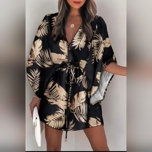 Black boho Geometric Print Button Drawstring Batwing Sleeve Dress